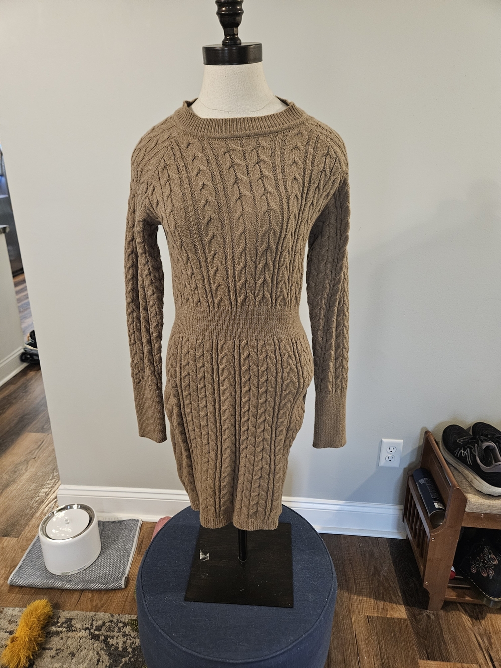 SHEIN Brown Cable-Knit Long Sleeve Sweater Dress- Medium